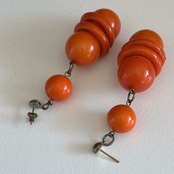 Vintage Earrings 3" Dangle Drop Pierced Orange Acrylic Mod Happy Go go - Picture 7 of 11